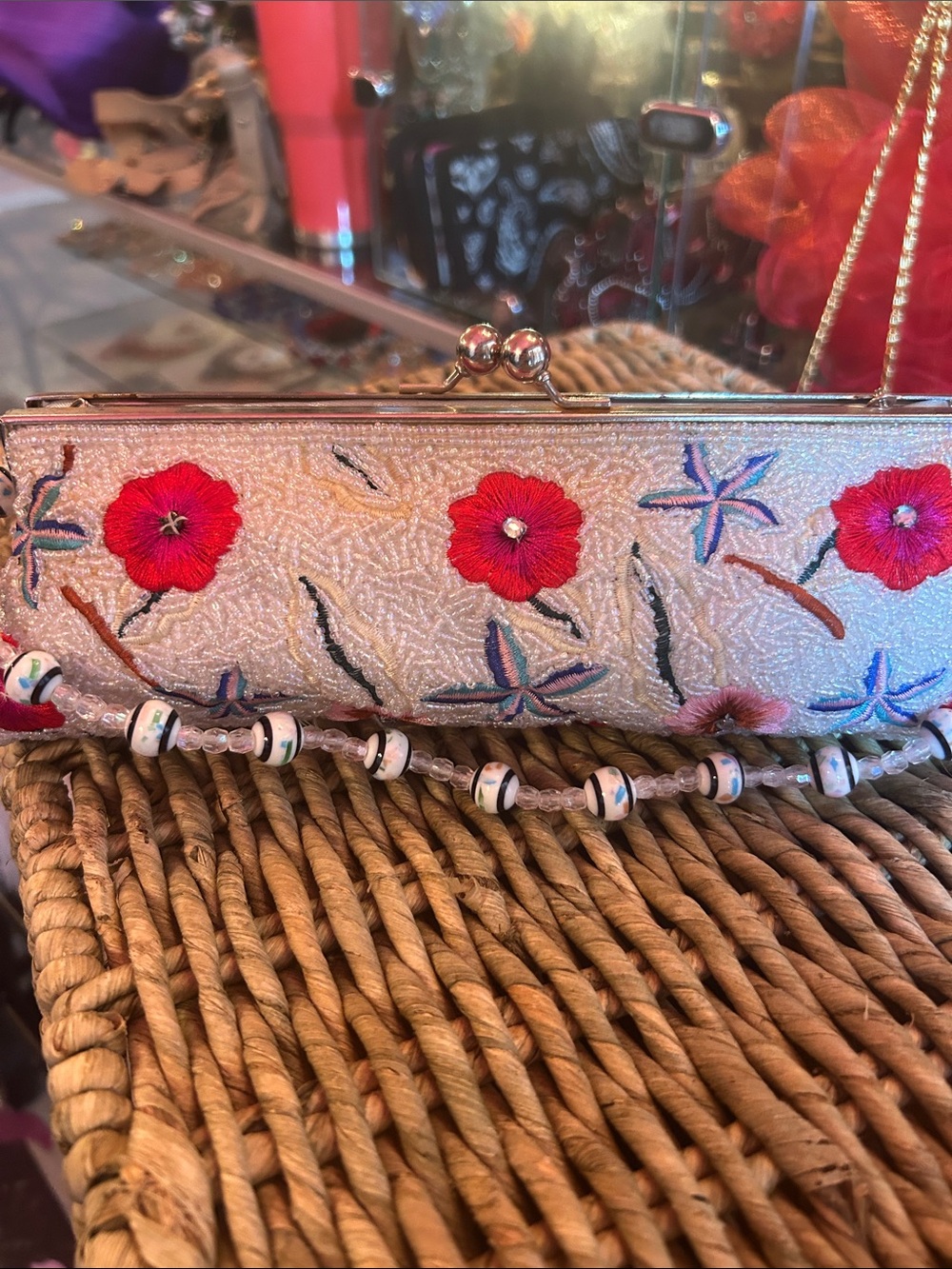 Embroidered Floral Clutch - Red Flowers on Ivory
